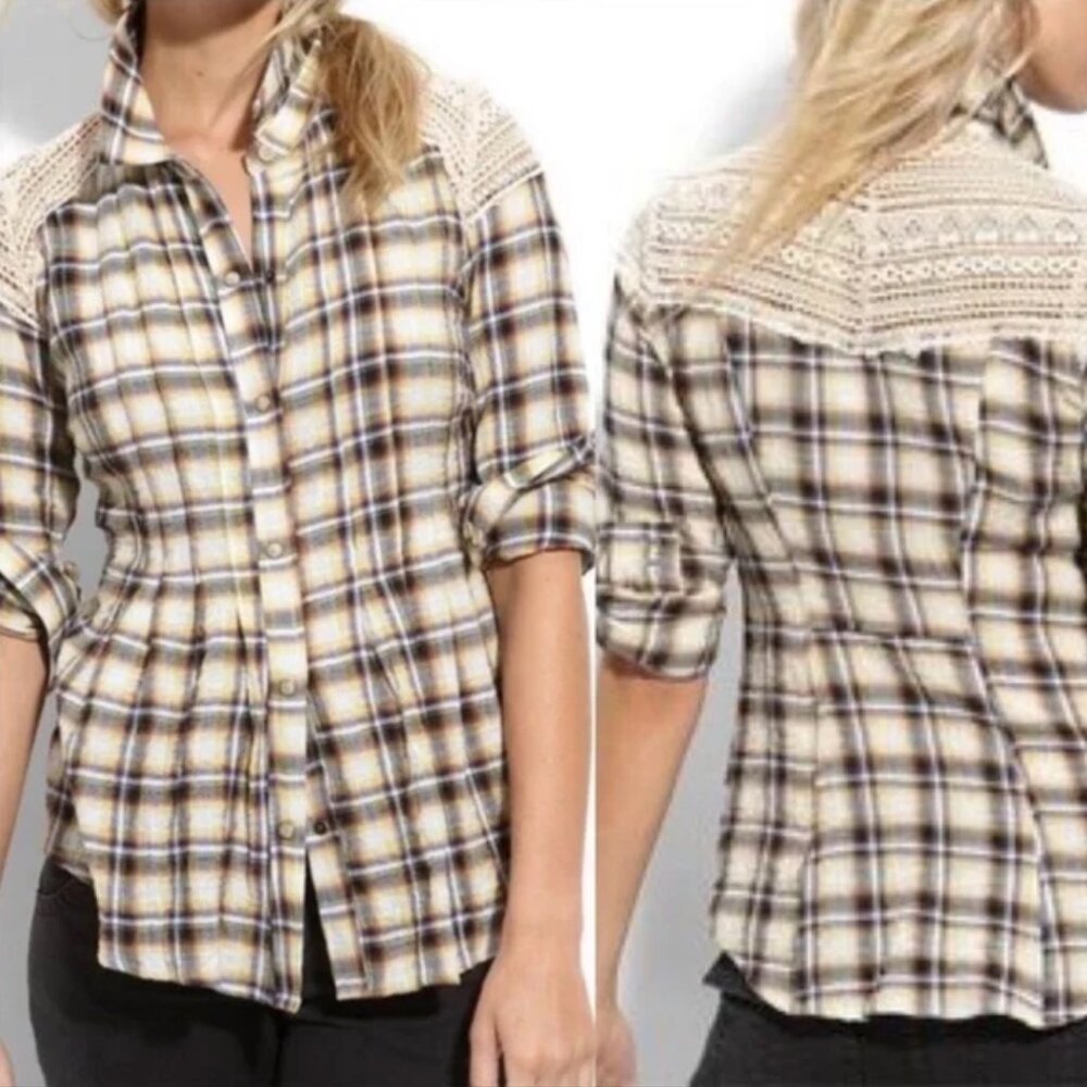 Free People Plaid Crochet Pearl Snap Shirt Size 2